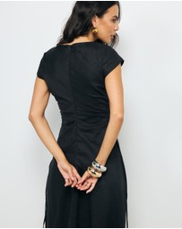AERE - Lucia Ruched Linen Midi Dress