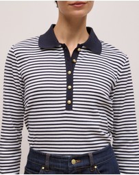 Trenery - Cotton Stripe Button Detail Polo in Night Sky