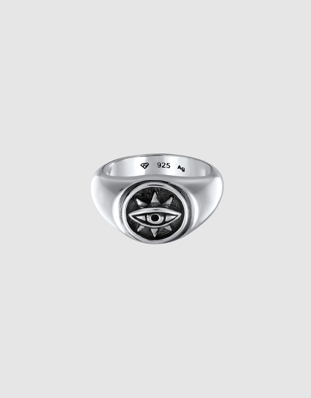 Kuzzoi - ICONIC EXCLUSIVE - Signet Ring with Evil Eye Emblem in Oxidised 925 Sterling Silver