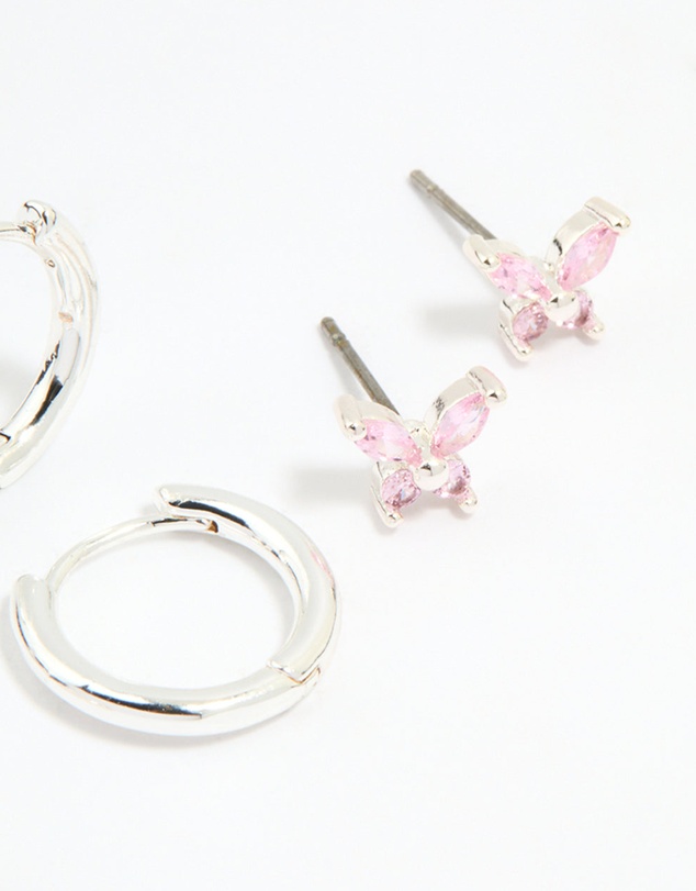 Lovisa - Silver Plated Brass Pink Cubic Zirconia Pave & Butterfly Stud Earrings 4-Pack