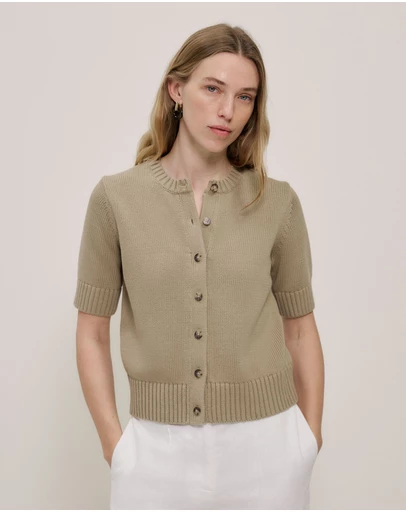 Trenery - Cotton Knit Short Sleeve Cardigan in Olive Brown