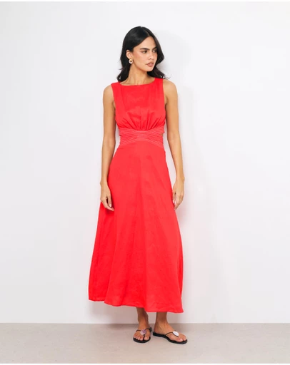 AERE - Zia Contrast Stitch Linen Midi Dress