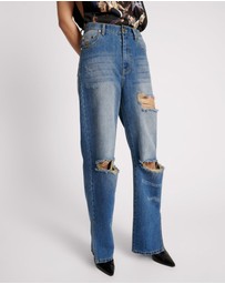 ONE TEASPOON - Shredded Gold Billie Low Slung Straight Leg Mid Waist Denim Jeans