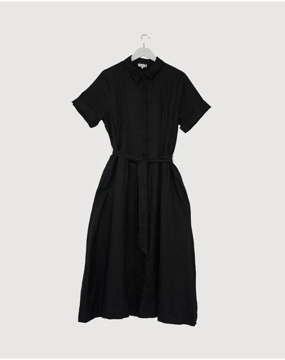 Revibe - Repaired AERE Orien Tuck Waist Linen Shirt Dress - AU 16