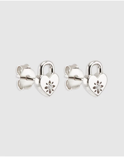 By Charlotte - Crystal Lotus Heart Padlock Stud Earrings