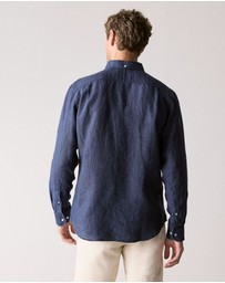 Trenery - Regular Fit Delave Linen Long Sleeve Shirt in French Navy