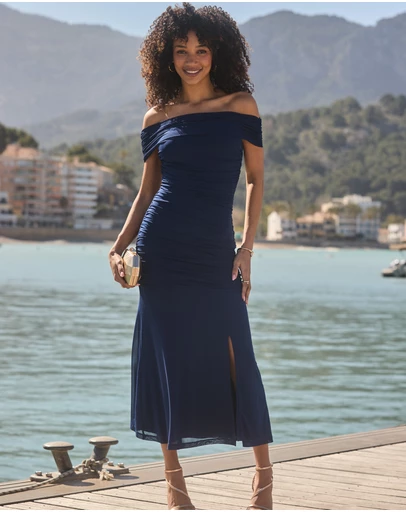 Sosandar - Mesh Bardot Ruched Midaxi Dress