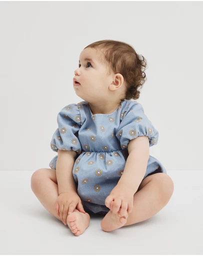 Country Road - Short Sleeve Chambray Embroidered Romper