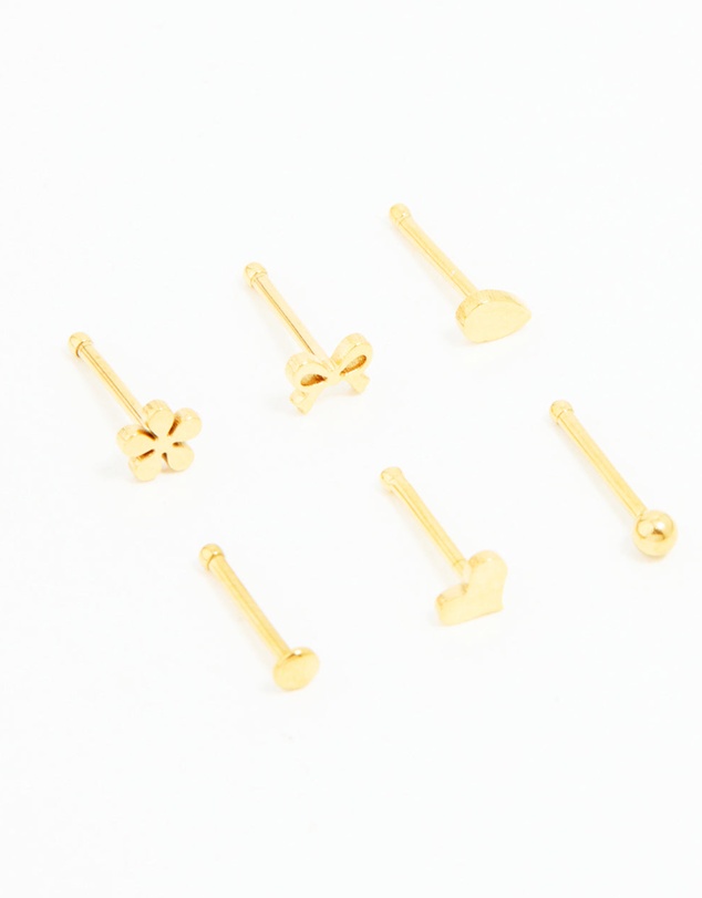 Lovisa - Gold Plated Surgical Steel Heart, Bow & Flower Nose Stud 6-Pack