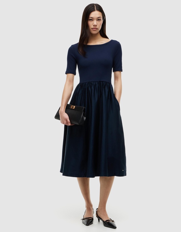 Tommy Hilfiger - Gold-Tone Button Ribbed Midi Flare Dress