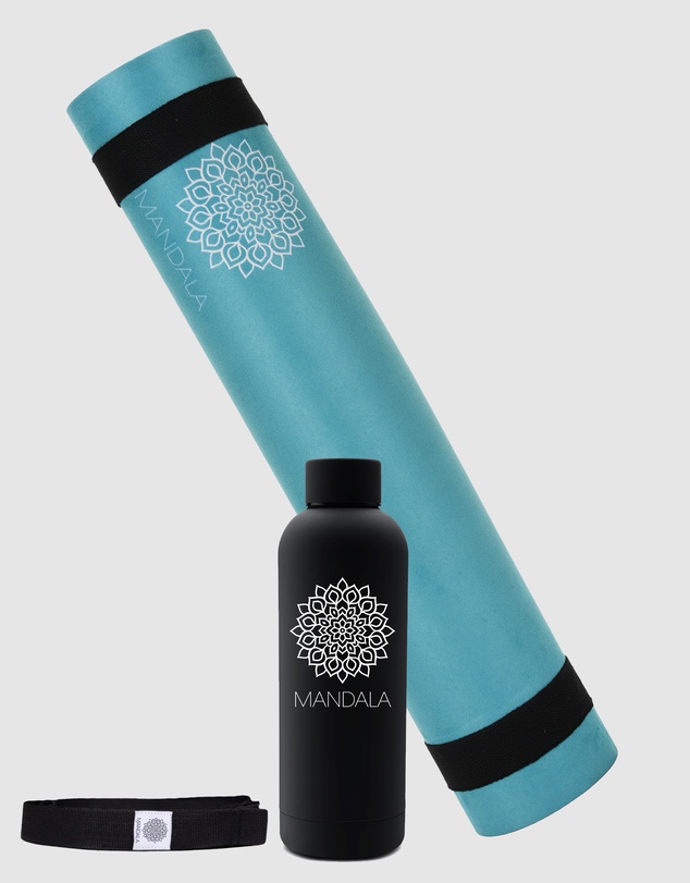 Mandala - Mandala Yoga Mat Premium Bundle, Includes Yoga Mat 188cm H x 61cm W, Yoga Strap & Steel Hydration Bottle - Teal