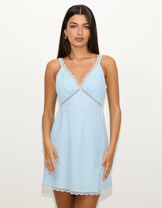 Dazie - Porcelain Linen Blend Lace Trim Mini Dress
