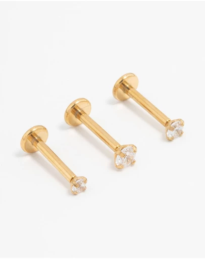 Lovisa - Gold Plated Surgical Steel Classic Cubic Zirconia Threadless Flat Back Studs 3-Pack