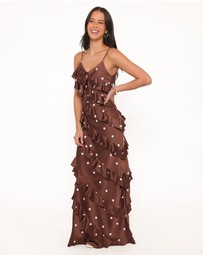 Petal & Pup - Ciao Ruffles Maxi Satin Dress - Brown Polka Dot