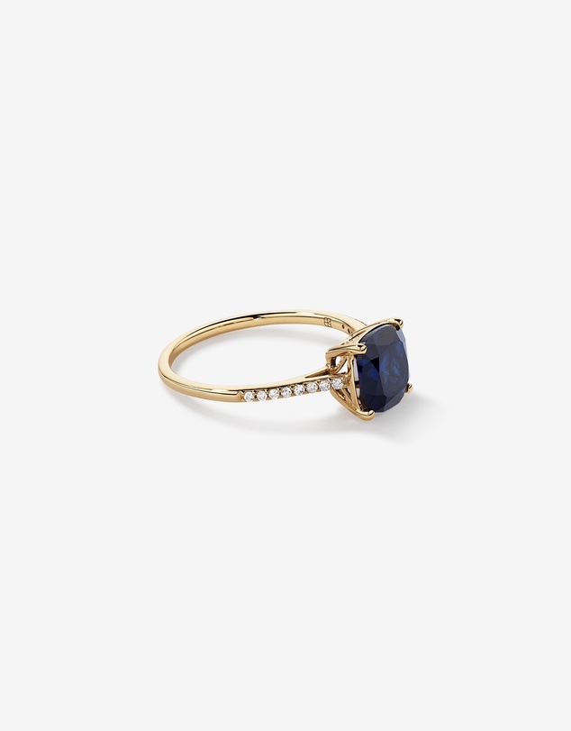 Michael Hill - Cushion Cut Blue Created Sapphire Gemstone and Diamond Ring in 10kt Yellow Gold