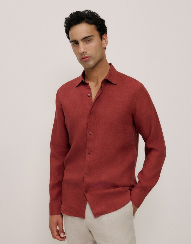 Trenery - Tailored Fit Delave Linen Shirt in Russet