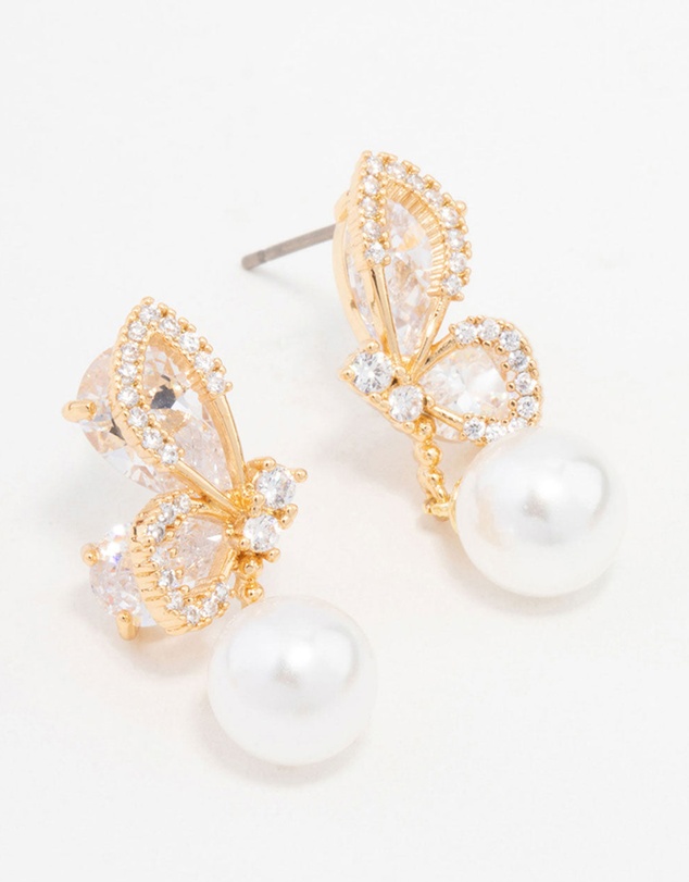 Lovisa - Gold Plated Cubic Zirconia Butterfly Pearl Drop Earrings