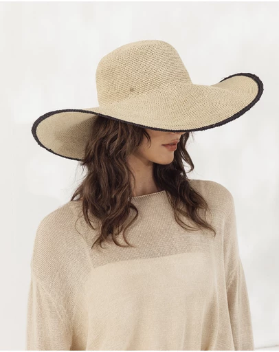 Morgan & Taylor - Raegan Crochet Straw Sun Hat in Natural Beige and Black Stripe