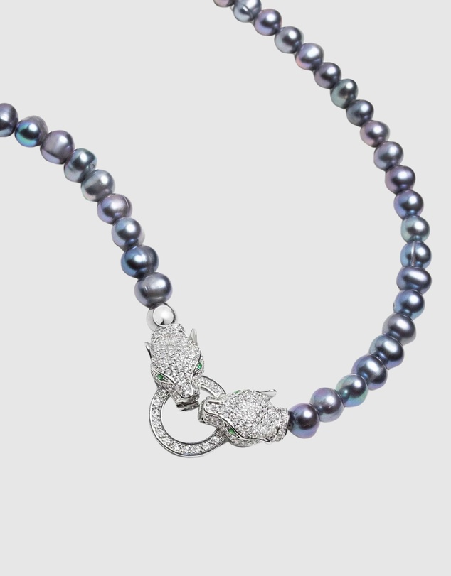 Nialaya Jewellery - Black Pearl Choker with Double Panther Head in Silver