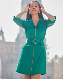 Sosandar - Satin Zip Front Utility Shirt Dress