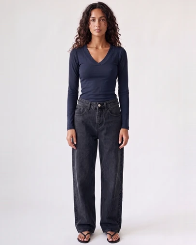 Style Addict - Margaux Deep V Henley Top - Navy