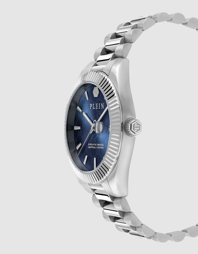 Philipp Plein - Philipp Plein Date Superlative 40mm Blue Dial Recycled Silver-Tone Stainless Steel Bracelet Watch