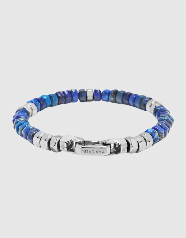 Nialaya Jewellery - Men's Hexagon Beaded Bracelet with Blue Lapis and Silver