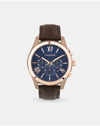 Michael Hill - Men's Chronograph Watch in Brown Tone Stainless Steel and Brown Leather