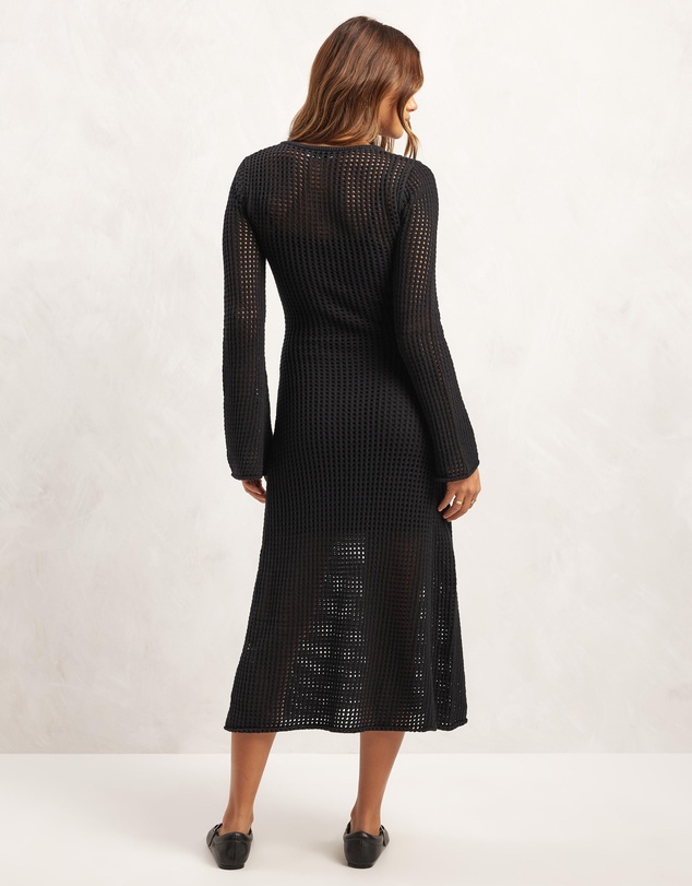 AERE - Open Knit Lined Flared Sleeve Panelled Skirt Midi Dress