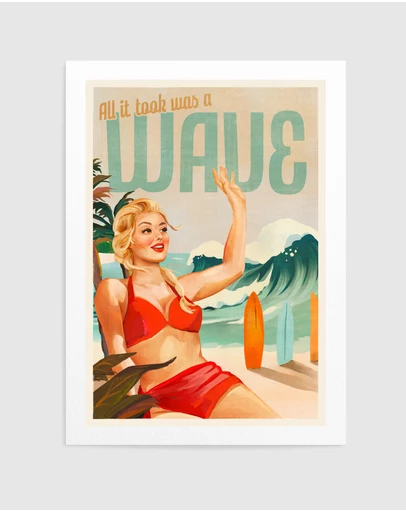 Olive et Oriel - Surfing Pinup Girl On Beach In Bikini by The Whiskey Ginger Art Print