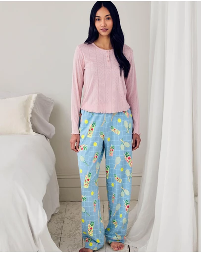 Chelsea Peers - Organic Cotton Tennis Net Cocktail Pointelle Henley Long Pyjama Set