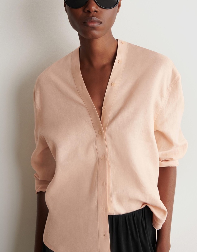 COS - Button-Detail Linen V-Neck Shirt