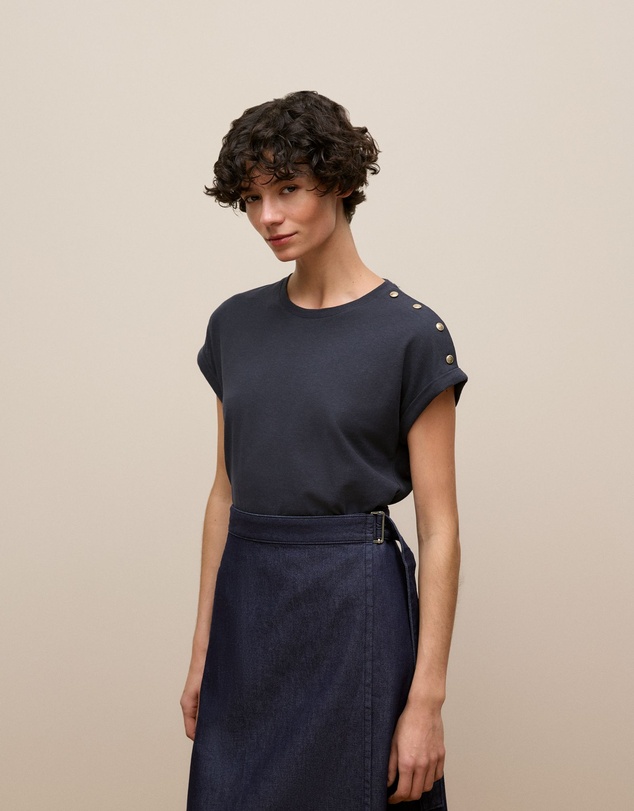 Trenery - Linen Cotton Button Detail T-shirt in Night Sky