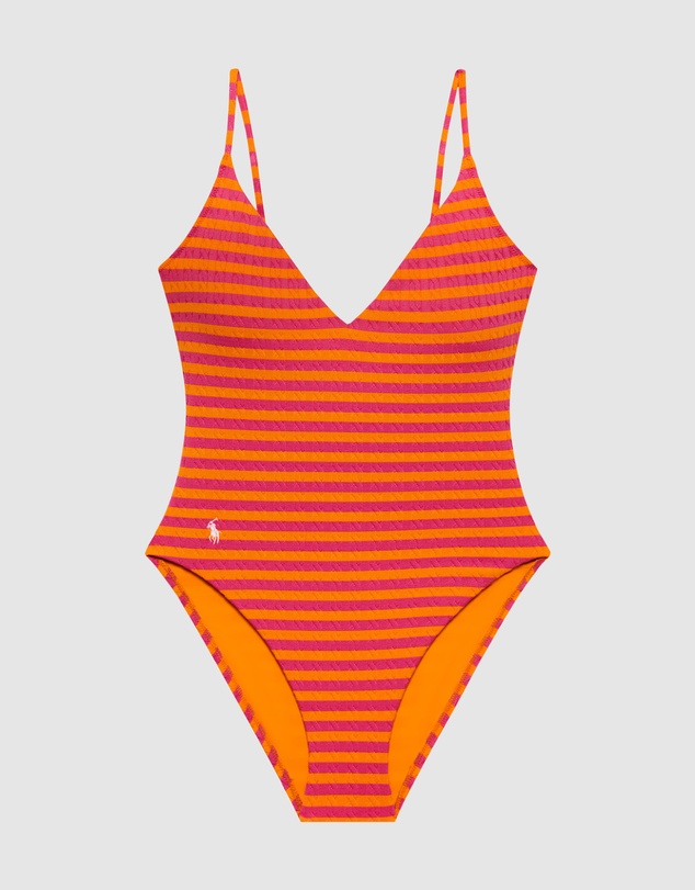 Polo Ralph Lauren - Stripe Cable-Motif V Neck One-Piece Swimsuit