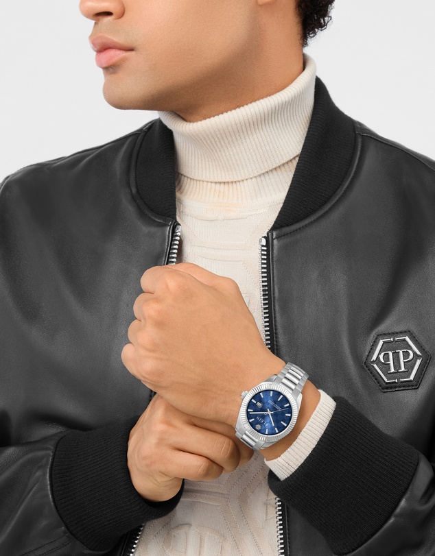 Philipp Plein - Philipp Plein Date Superlative 40mm Blue Dial Recycled Silver-Tone Stainless Steel Bracelet Watch
