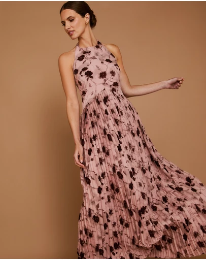 Six Stories - Floral Halter Neck Pleated Ruffle Maxi Dress