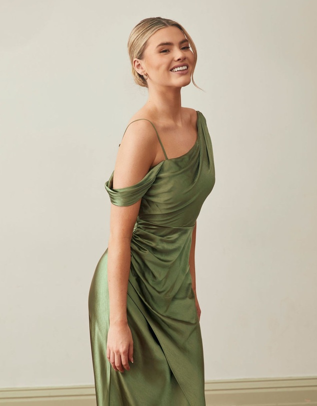 Six Stories - Asymmetrical Bardot Strap Satin Bridesmaid Dress