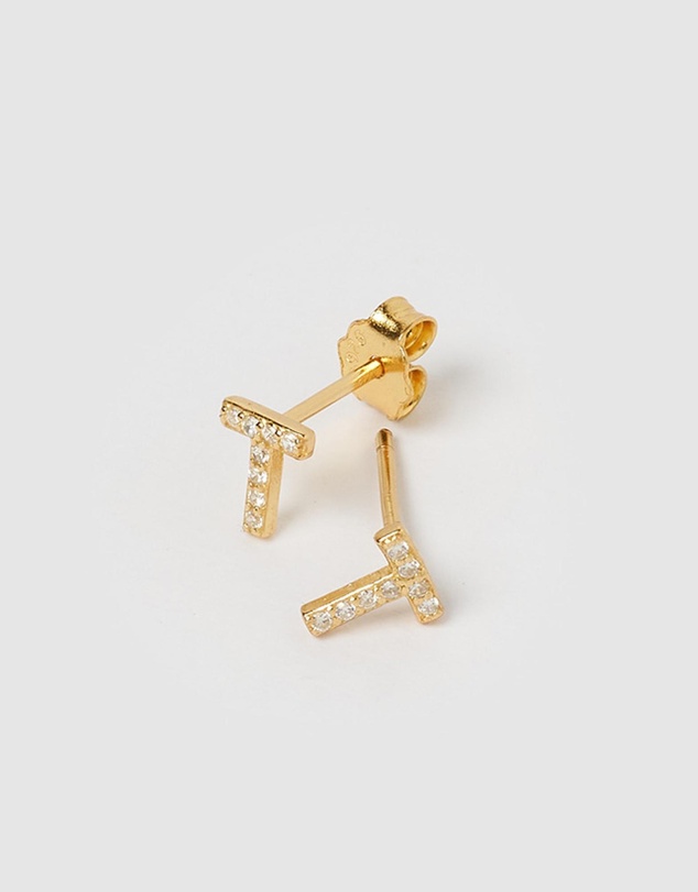 Izoa - Alphabet Mini Letter T Stud Earrings Gold