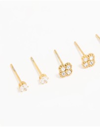 Lovisa - Waterproof Gold Plated Stainless Steel Cubic Zirconia Flower & Classic Stud Earrings 4-Pack