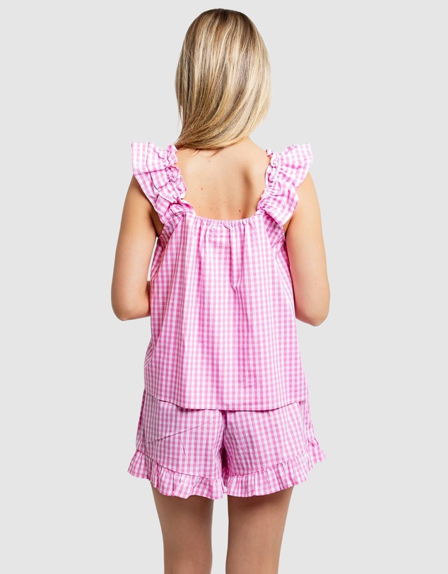Sant And Abel - Women's Hepburn Gingham Pink Frill Tank PJ Set