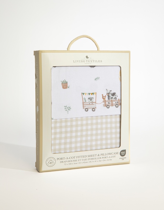 Living Textiles - Organic Port-a-Cot Fitted Sheet & Pillowcase - Tractor Ride