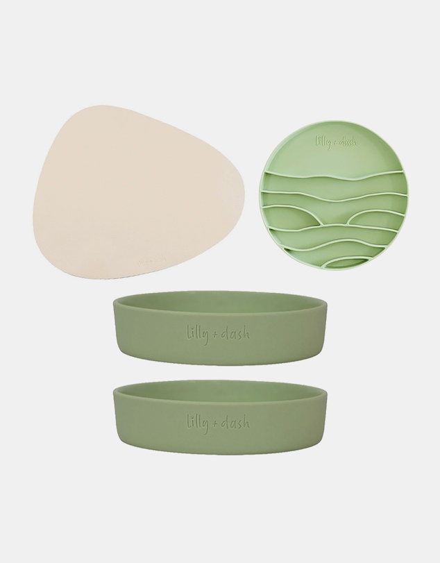 Lilly + Dash - Cat Eat and Drink Set – 2 Bowls + Lick Insert + Sand Placemat
