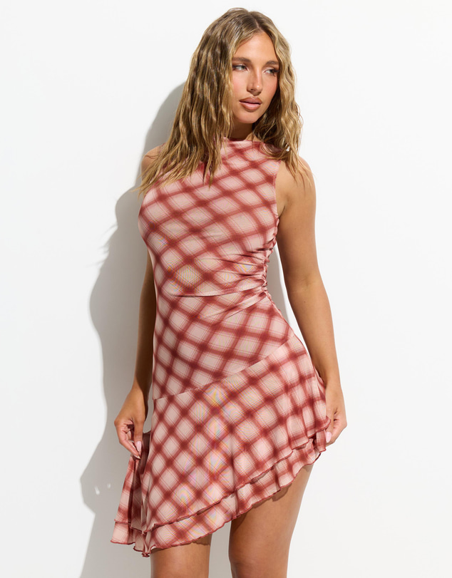 Dazie - Sammy Check Asymmetrical Mesh Dress