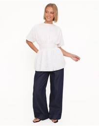 Petal & Pup - Carmel Tie Back Tunic Top - White Embroidery