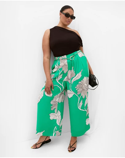 City Chic - Plus size Lola Floral Print Wide Leg Pant - greenstone