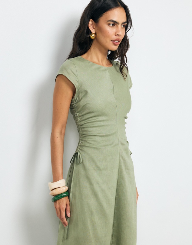AERE - Lucia Ruched Linen Midi Dress
