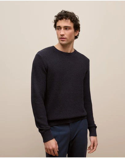Trenery - Linen Cotton Texture Knit Crew in Navy