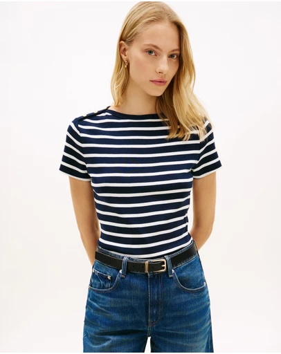 Tommy Hilfiger - Gold-Tone Button Slim Boat Neck T-Shirt