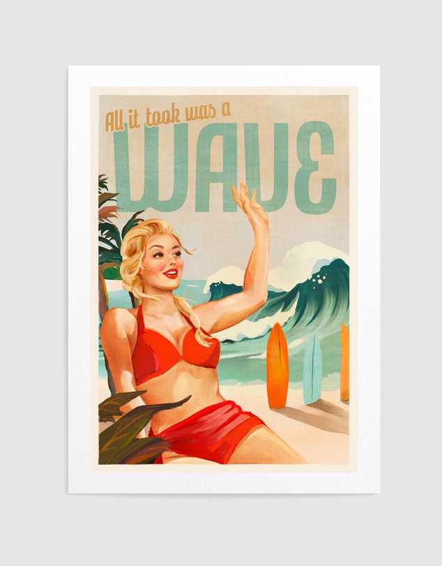 Olive et Oriel - Surfing Pinup Girl On Beach In Bikini by The Whiskey Ginger Art Print
