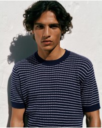 Trenery - Linen Cotton Rib Stripe Knit T-shirt in Navy